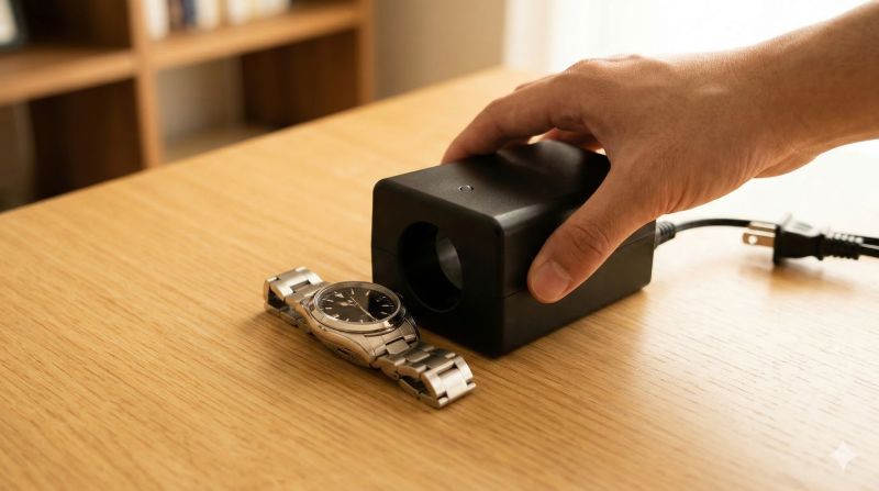 市販の脱磁器を使って、腕時計の磁気抜きを自分で行う様子。