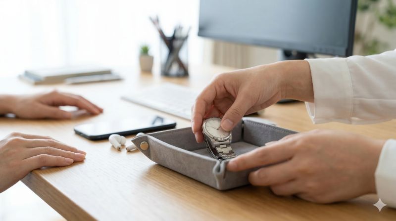 デスク上の適切な場所に腕時計を収納し、スマートフォンやイヤホンから距離を置く健康的な習慣。