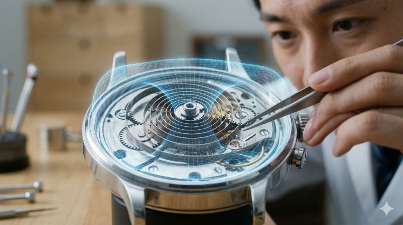 腕時計の内部部品が磁気の影響を受けている様子