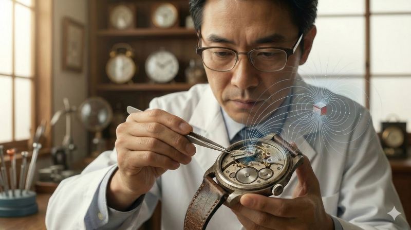 時計師が磁気の影響を受けた時計のヒゲゼンマイを調整する様子