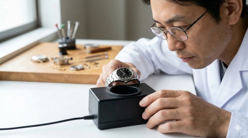 時計師が脱磁器を使って腕時計の磁気抜きをする様子