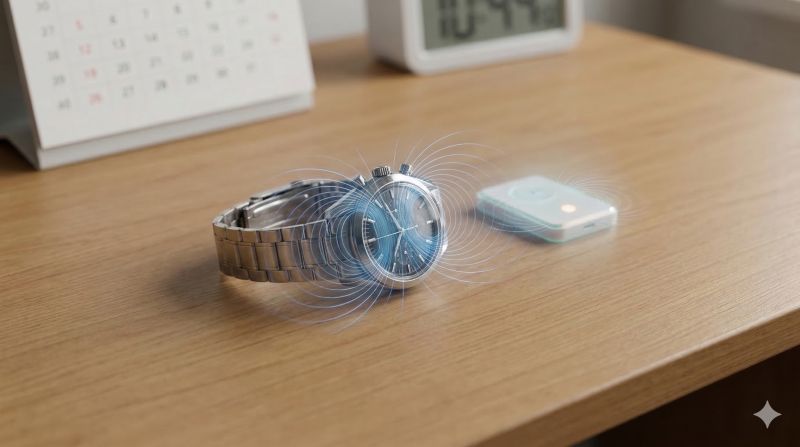 腕時計が磁気の影響をどのくらい受け続けるかを模式的に示す様子