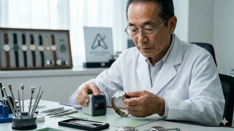 時計師が脱磁器を使って腕時計の磁気抜きをする様子