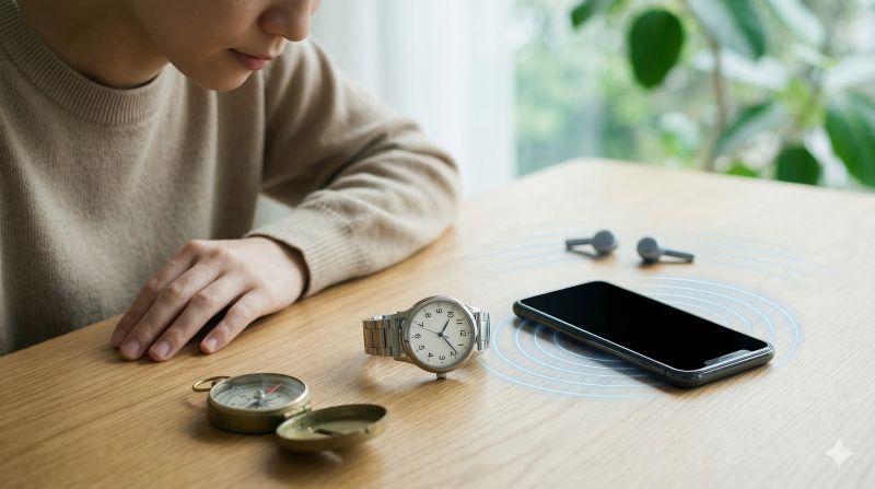 デスク上の腕時計がスマートフォンやワイヤレスイヤホンからの磁気 field lines の影響を受ける様子を模式的に示した総括的な図。