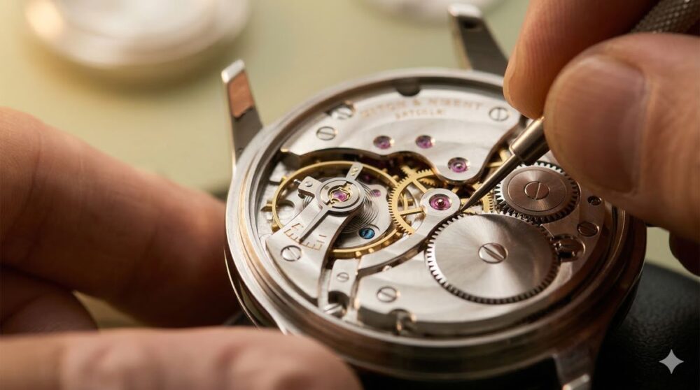 精密な機械式時計のムーブメントを調整する日本人の職人の手元。ゼンマイと歯車の複雑な仕組みが高級感を伝える。