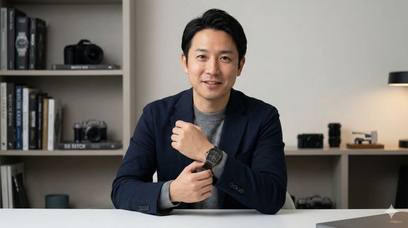 運営者の「のい」が、自身のデスクで愛用のラドー時計を着用し、笑顔で読者に語りかける、信頼感のあるポートレート。