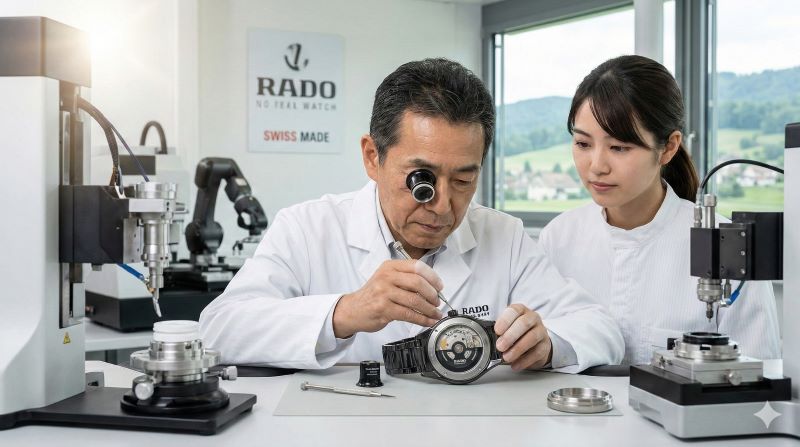 スイスのラドー自社工場にて、日本人技術者が最先端機器と伝統技術を用いてセラミック時計を精密に組み立てる様子。スイス時計の革新と伝統。