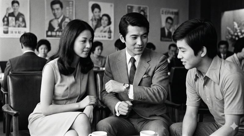 1970年代の日本を舞台にしたモノクロ写真。若き日本人カップルが、憧れのラドー「ダイヤスター」を誇らしげに見せ合い、当時のブームを象徴する。