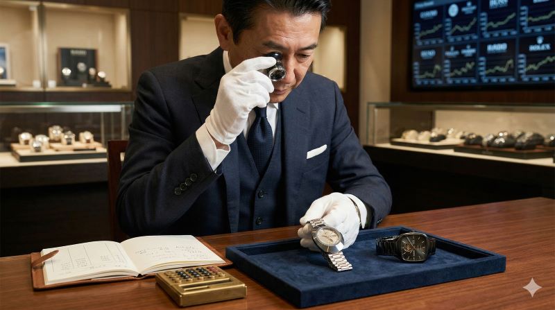 買取専門店にて、日本人鑑定士が手袋を着用し、ヴィンテージとモダンなラドー時計を精密に査定する様子。資産価値と耐久性を評価。