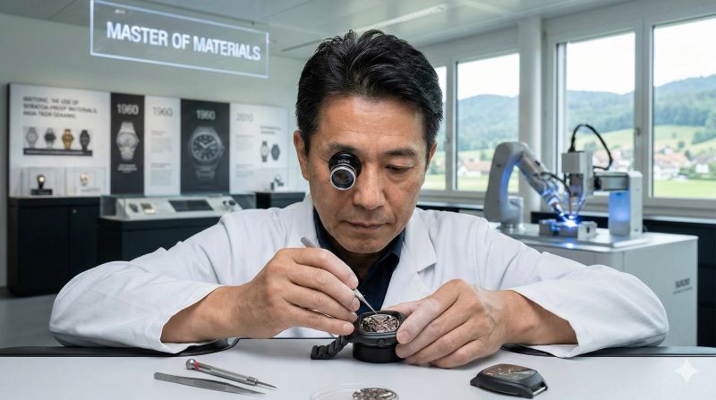 スイスのラドー素材研究所にて、日本人熟練技術者が「アナトム」のセラミックケースを精密に組み立て、ブランドの革新の歴史を体現する様子。