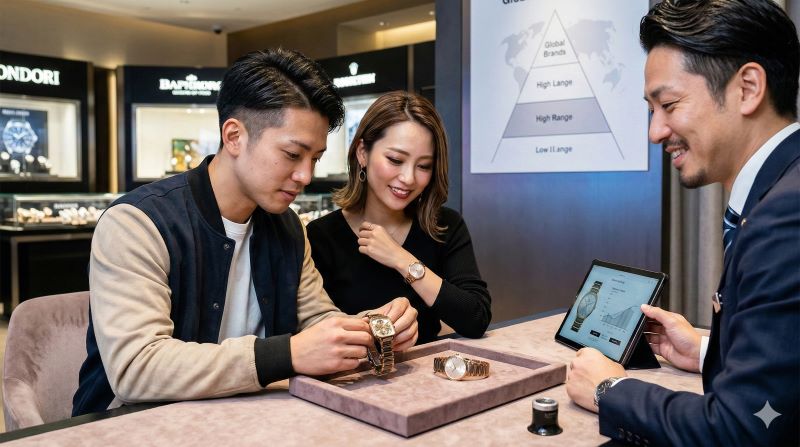 高級時計ブティックで、日本人販売員がカップルにラドー「トゥルー スクエア オープンハート」のハイレンジな価値と評判を専門知識と共に説明。