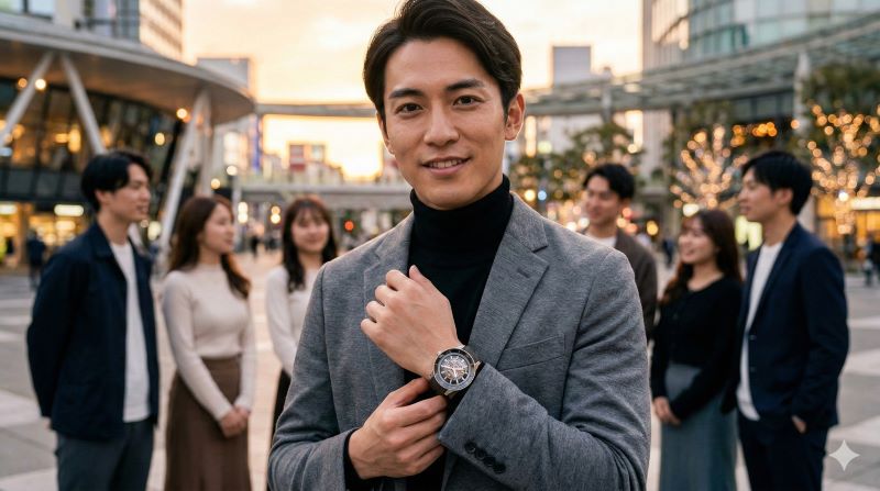 現代の都会的な雰囲気の中で、ラドー「キャプテン クック ハイテクセラミック スケルトン」を着用する自信に満ちた日本人男性と、周囲の好意的な視線。