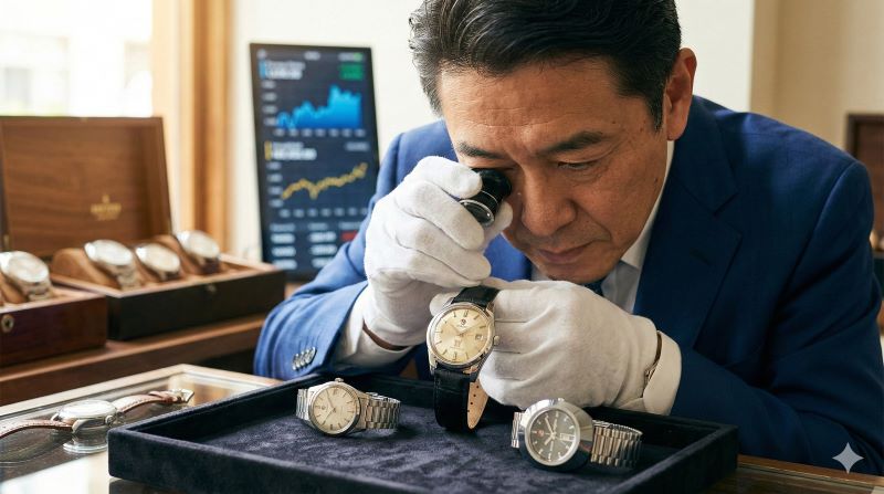 日本のヴィンテージ時計店にて、日本人鑑定士が手袋を着用し、1960年代のラドー「ゴールデン ホース」を精密に査定する様子。コレクターの価値を評価。