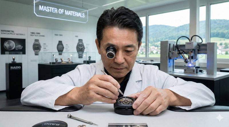 スイスのラドー自社工場にて、日本人熟練技術者が「アナトム」のセラミックケースを精密に組み立て。ブランドの革新と素材の真価を体現。