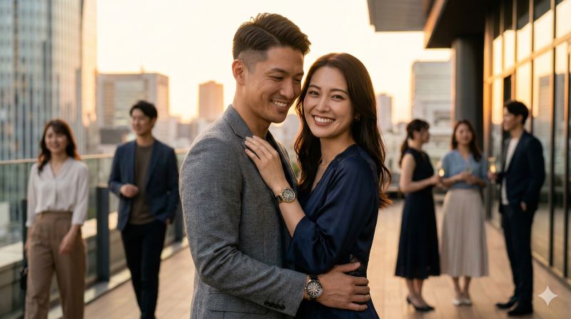 東京の現代的な雰囲気の中で、ラドーの最新モデルを着用し、自信に満ちた笑顔を浮かべる日本人カップル。ブランドの洗練と信頼を体現。