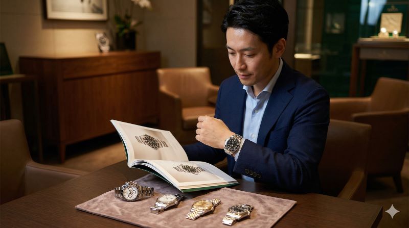 高級感のあるラウンジで、最新のロレックスウォッチ(デイトナ、サブマリーナー、デイトジャストなど)を腕に試着し、カタログを見ながら検討する日本人の様子。ブランドの世界観と実用性を象徴するシーン。