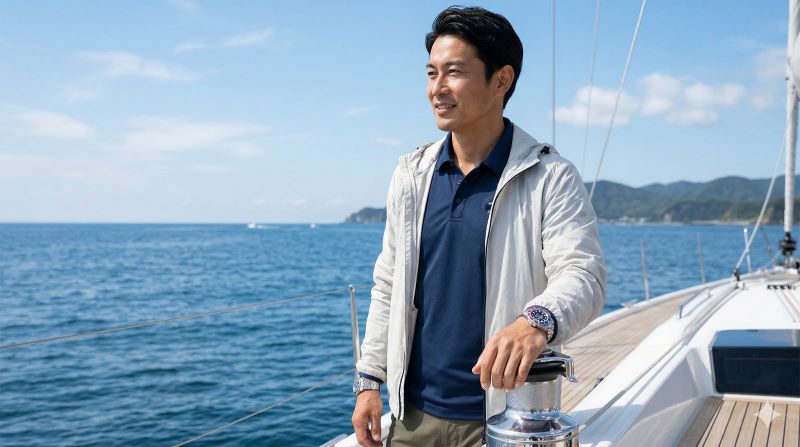 ヨットのデッキで、海を背景にロレックスのサブマリーナーやGMTマスターIIを着用し、アクティブな休日を楽しむ日本人男性。スポーツモデルの実用性と堅牢性を表現。