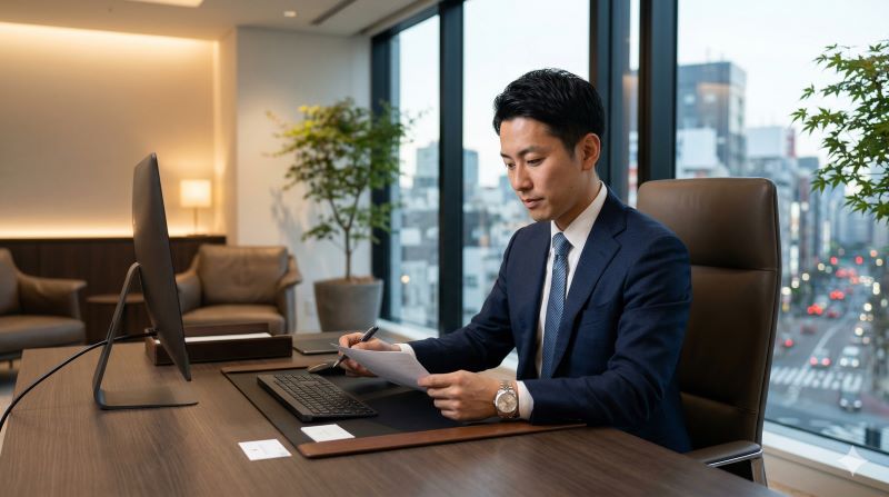 洗練された都会のオフィスで、スーツにロレックスのデイトジャストやオイスター パーペチュアルを合わせ、ビジネス資料を確認する日本人男性。クラシックモデルの日常使いのしやすさと上品さを表現。