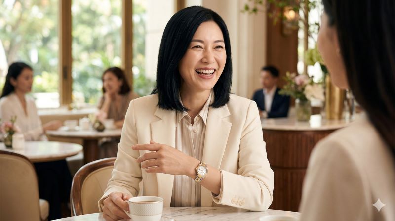 華やかなカフェで、友人と談笑しながらロレックスのレディ デイトジャストを着用し、手元を彩る日本人女性。レディースモデルの豊富なバリエーションと美しさを表現。