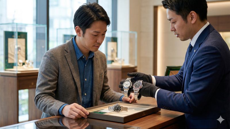 ロレックスの専門店で、スタッフからデイトナ(クロノグラフ)とGMTマスターII(24時間針)のベゼルや機能の違いについて説明を受ける日本人男性。種類の見分け方を学ぶ様子。