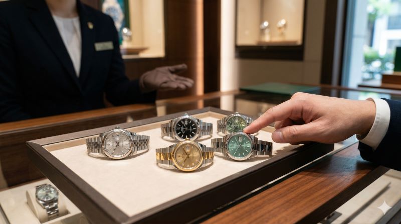 ロレックスの正規販売店で、トレーに並べられた様々なデイトジャスト(サイズ、素材、ベゼル、ブレスレットの異なるモデル)を真剣に比較・検討する日本人。バリエーションの豊かさを表現。
