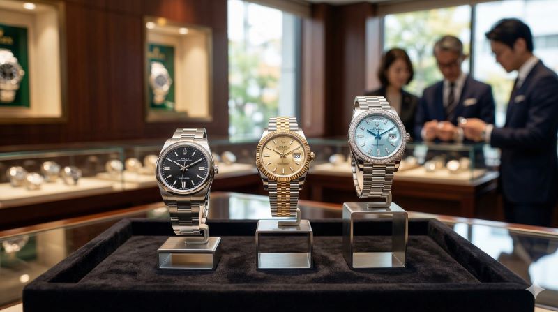 高級感のある時計専門店のディスプレイで、オイスタースチールのモデル、ゴールドのモデル、宝飾付きのモデルがそれぞれの価格帯に合わせて陳列されている様子。素材や機能による価格の違いを表現。