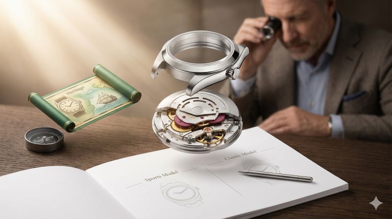 専門家がルーペでロレックスの機械式ムーブメントを鑑賞する様子。防水性の高いオイスターケースや自動巻き機構、スポーツとクラシックの概念を象徴する、E-E-A-T向上を目的としたイメージ。