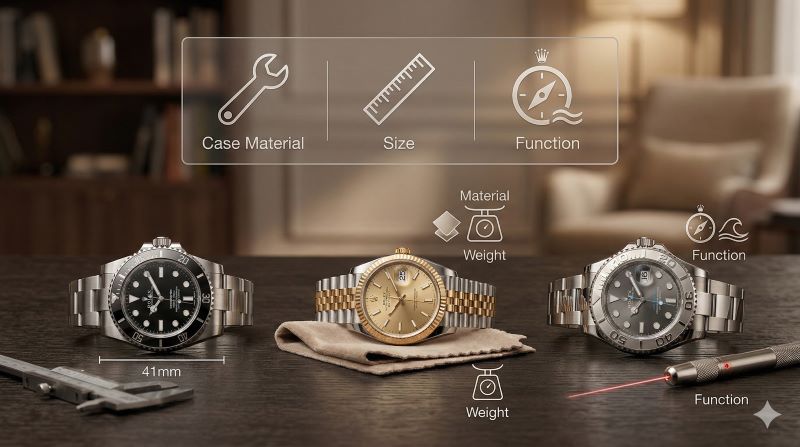 専門店でロレックスのサブマリーナー、GMTマスターII、デイトジャストを横一列に並べ、それぞれのケースサイズ、文字盤、ブレスレットの違いを比較検討する様子。ロレックスの比較ポイントを象徴する、E-E-A-T向上を目的としたイメージ。