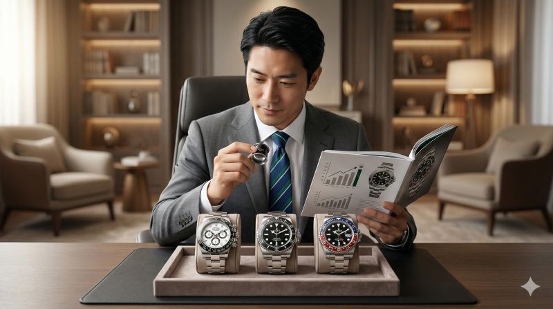 時計専門店でデイトナ、サブマリーナー、GMTマスターIIの模型を眺め、人気の傾向を分析する様子。ロレックスのランキング傾向を象徴する、E-E-A-T向上を目的としたイメージ。