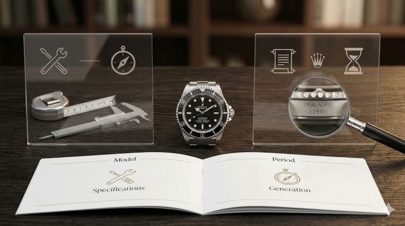 時計専門店でスタッフがルーペを使い、ロレックスのケースの刻印を読み取り、シリアルナンバーから型番と年代を確認する様子。ロレックスの型番と年代の見方を象徴する、E-E-A-T向上を目的としたイメージ。