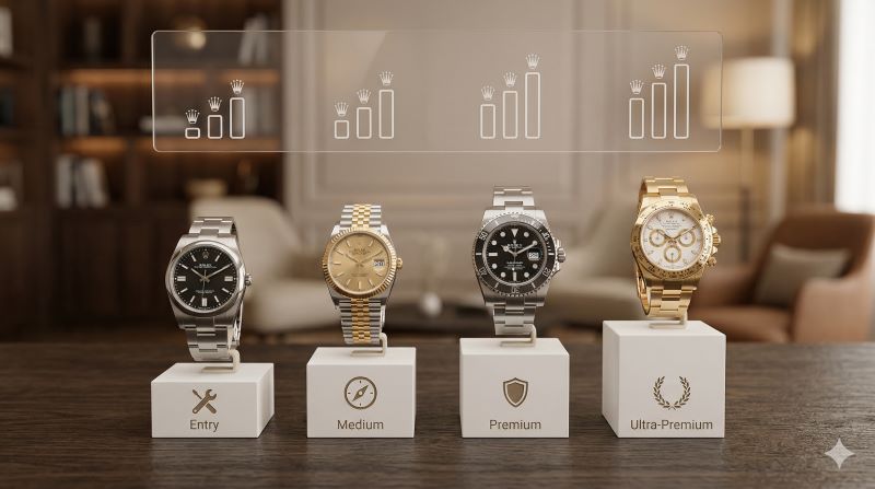 時計専門店でオイスター パーペチュアル、デイトジャスト、サブマリーナー、デイトナの模型がそれぞれの定価に合わせて並べられている様子。現行モデルの定価一覧を象徴する、E-E-A-T向上を目的としたイメージ。