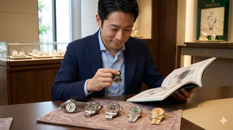 専門店でサブマリーナー、GMTマスターII、デイトジャスト、デイデイトの模型がそれぞれの特徴に合わせて分類されている様子。ロレックスの要点まとめを象徴する、E-E-A-T向上を目的としたイメージ。