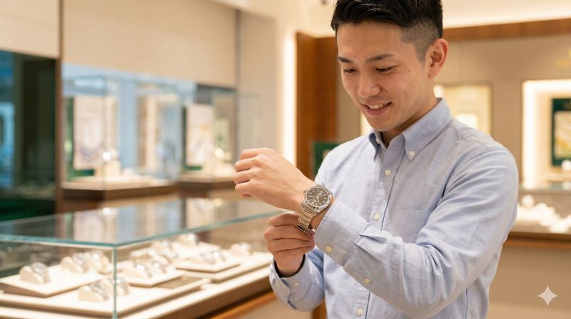 初めてのロレックスとしてステンレス製モデルを試着する日本人男性。高級時計店の明るい雰囲気の中で満足げな表情。
