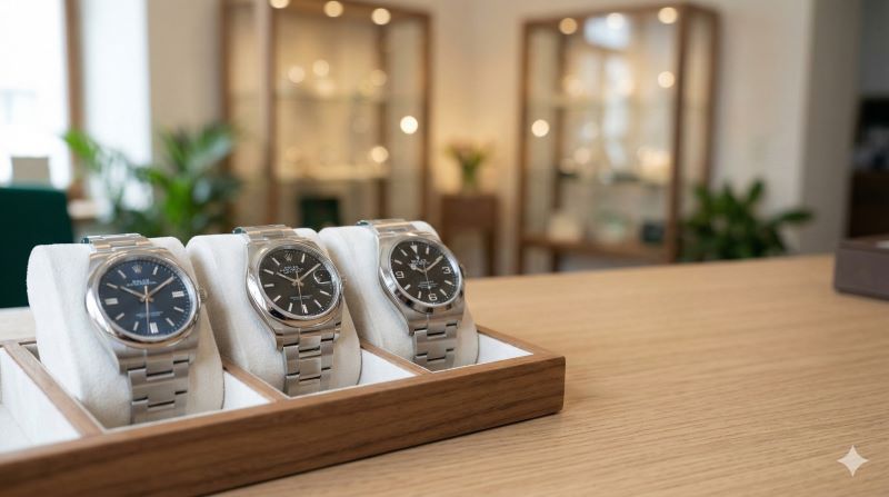 木目のデスクに並べられた3本のロレックスの定番ステンレスモデル(オイスターパーペチュアル、デイトジャスト、エクスプローラー)。初心者におすすめの比較しやすいセット。