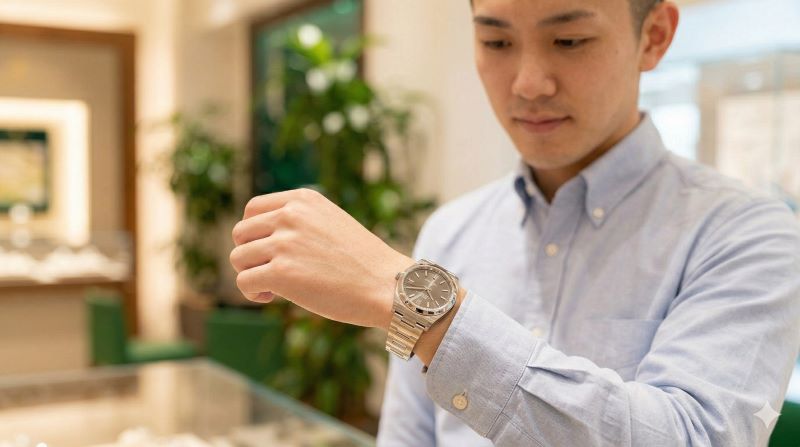 高級時計店でロレックスのステンレスモデルを試着し、腕元を見つめる日本人男性の手元。サイズ感を確認している静かな瞬間。