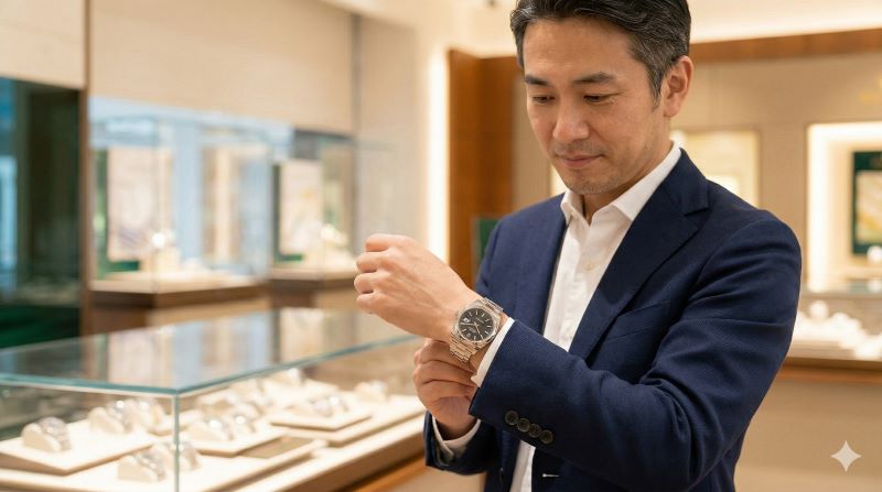 高級時計店で、ネイビーのブレザーを着た40代の日本人男性が、自身の腕に装着したロレックス デイトジャスト(黒文字盤)を満足げに見つめる様子。