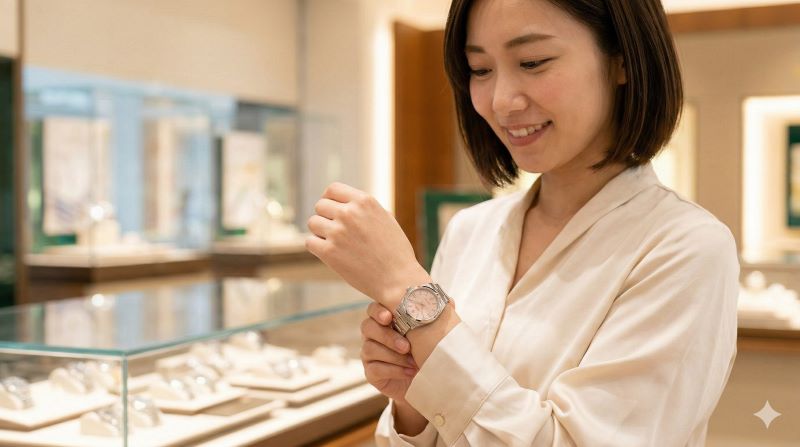 高級時計店で、ピンク文字盤のロレックス オイスターパーペチュアルを試着する日本人女性。手元を見つめ、嬉しそうな表情。