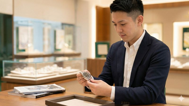 高級時計店の落ち着いた空間で、手元のトレーに置かれたステンレス製のロレックス・スポーツモデルを、購入を検討するように真剣に見つめる日本人男性。