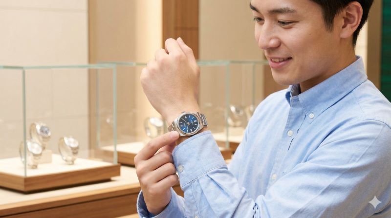 日本人男性が時計店でステンレス製ロレックス オイスターパーペチュアル36を試着し、手元でサイズ感を確認している様子。シンプルで日常使いしやすい買いやすいモデルの例。