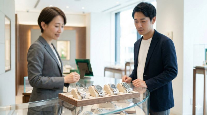 日本人男性が時計店でステンレス製ロレックス(デイトジャスト、オイスターパーペチュアル36、エクスプローラー、サブマリーナー)の定番4モデルを並べて比較検討している様子。自分の好みに合う一本を見つけるための選択。