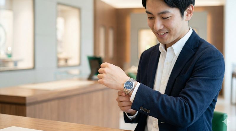 日本人男性が時計店でロレックス オイスターパーペチュアル36(ステンレス製、青文字盤)を左腕に装着し、嬉しそうな表情でサイズ感を確認している様子。初心者が自分に合うモデルを見つけるための試着。