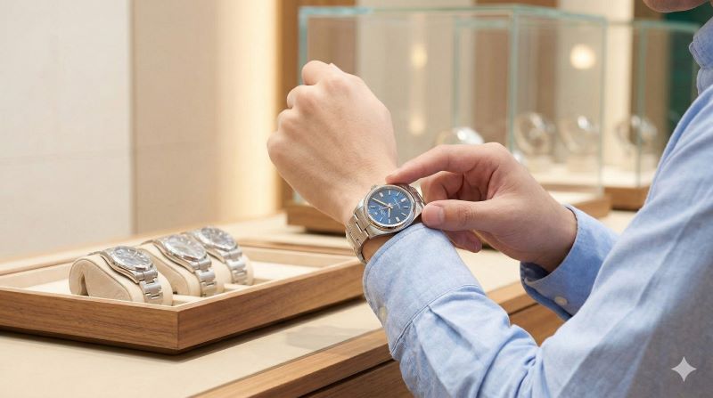日本人男性が時計店でステンレス製ロレックス オイスターパーペチュアル36(青文字盤)を装着し、手元でサイズ感を確認している様子。初心者がエントリーモデルとして検討しやすい一本の例。