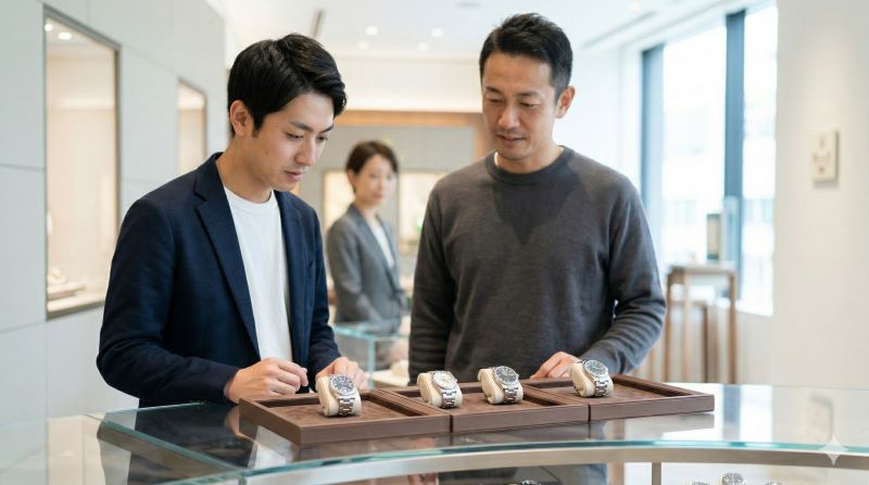 日本人男性が時計店でステンレス製ロレックス(デイトジャスト、オイスターパーペチュアル36、エクスプローラー)の定番3モデルを並べて比較検討している様子。初心者が自分に合う一本を見つけるための選択。