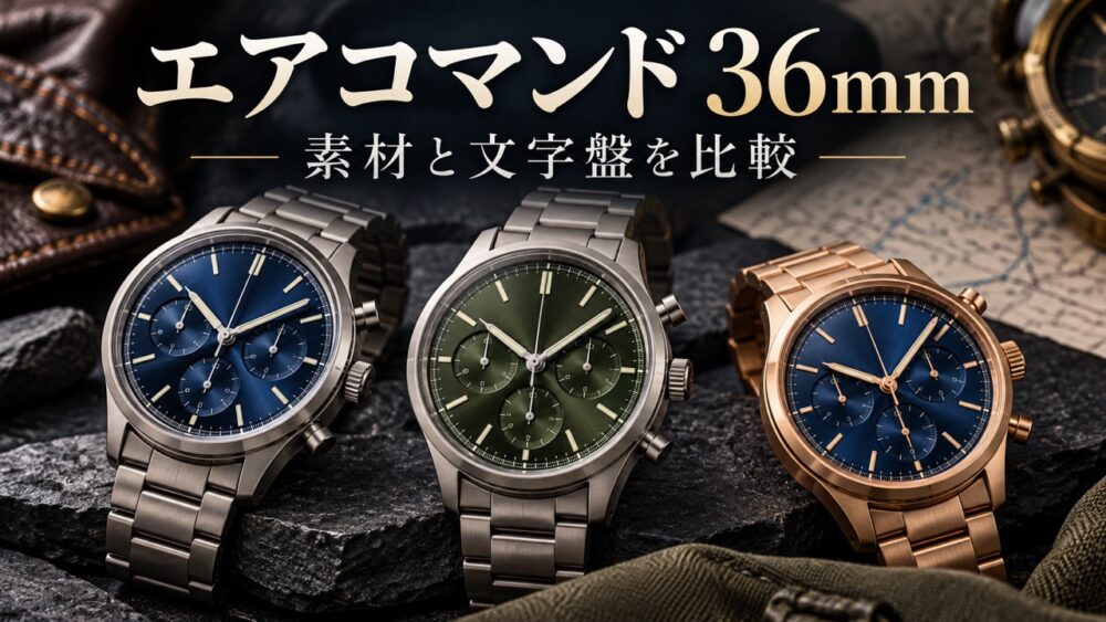 青・緑の文字盤と銀色・金色のケースを並べたエアコマンド36mm比較用のAI生成イメージ