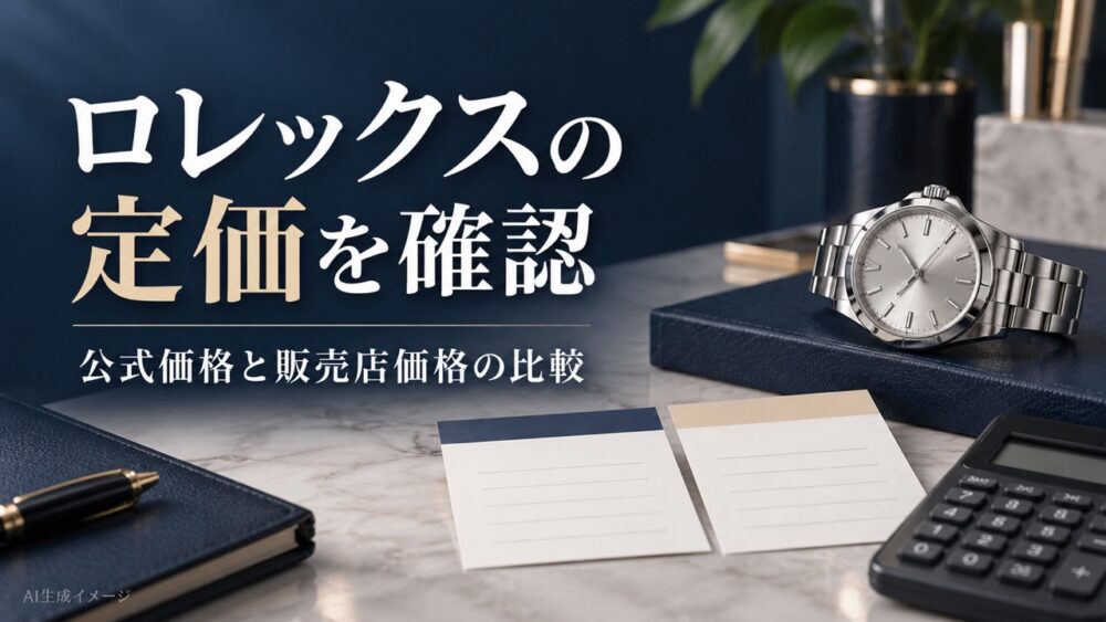 腕時計と比較用のカード、電卓を配置した、公式価格と販売店価格の比較イメージ