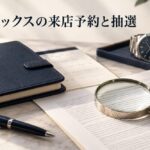 来店予約の条件を確認する手帳と虫眼鏡、架空の腕時計を描いたAI生成イメージ
