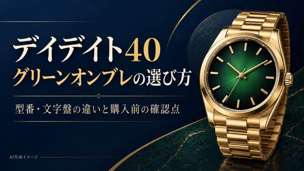 緑のグラデーション文字盤と金色の腕時計を描いた、文字盤選びを表すAI生成イメージ