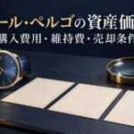 腕時計と書類、拡大鏡を並べて購入費用・維持費・売却条件の確認を表すイメージ