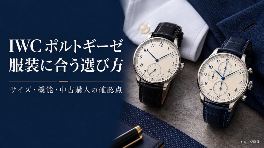 革ストラップの腕時計2本と白いシャツ、紺色のジャケット生地を配した、服装に合う時計選びのイメージ