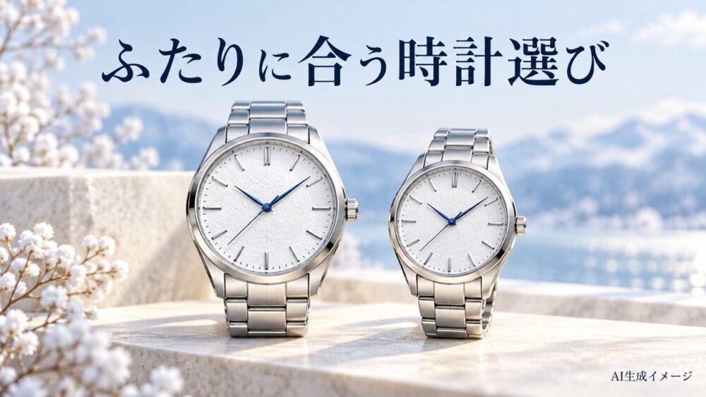 白い文字盤と銀色のブレスレットを持つ、大きさの異なる2本の腕時計を並べたAI生成イメージ